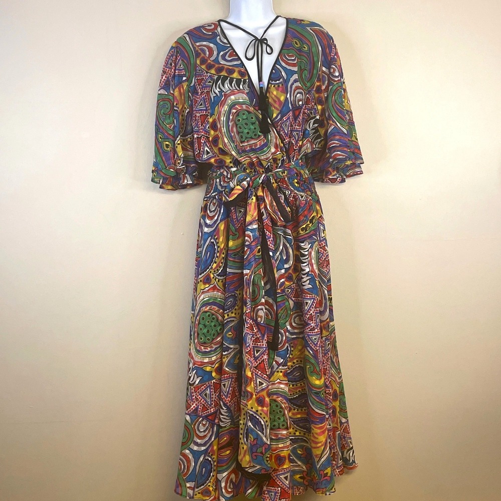 Diane Freis Original Georgette Dress Medium Mod Paisley Statement Maximal Midi